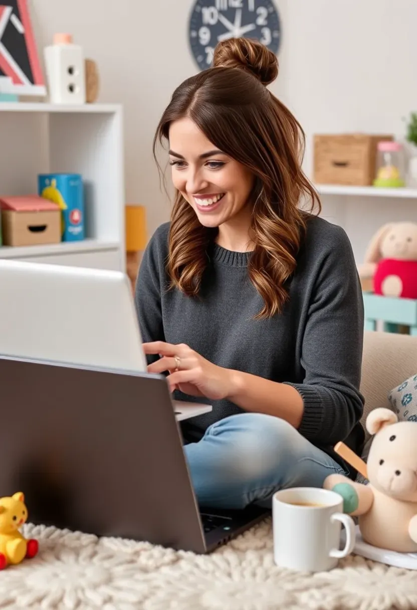 A busy mom smiling while online shopping for Black Friday deals, surrounded by family essentials
