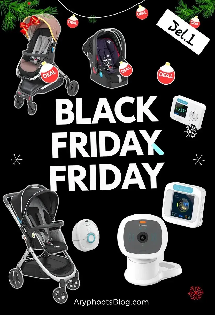 Black Friday deals on essential baby gear like car seats, strollers, and monitors, arranged appealingly