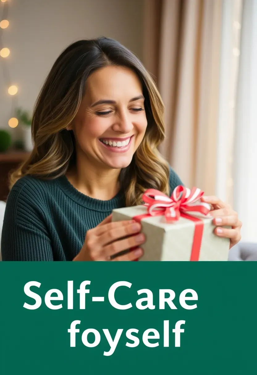 A woman smiling as she opens a beautifully wrapped gift, surrounded by soft lighting and a cozy atmosphere