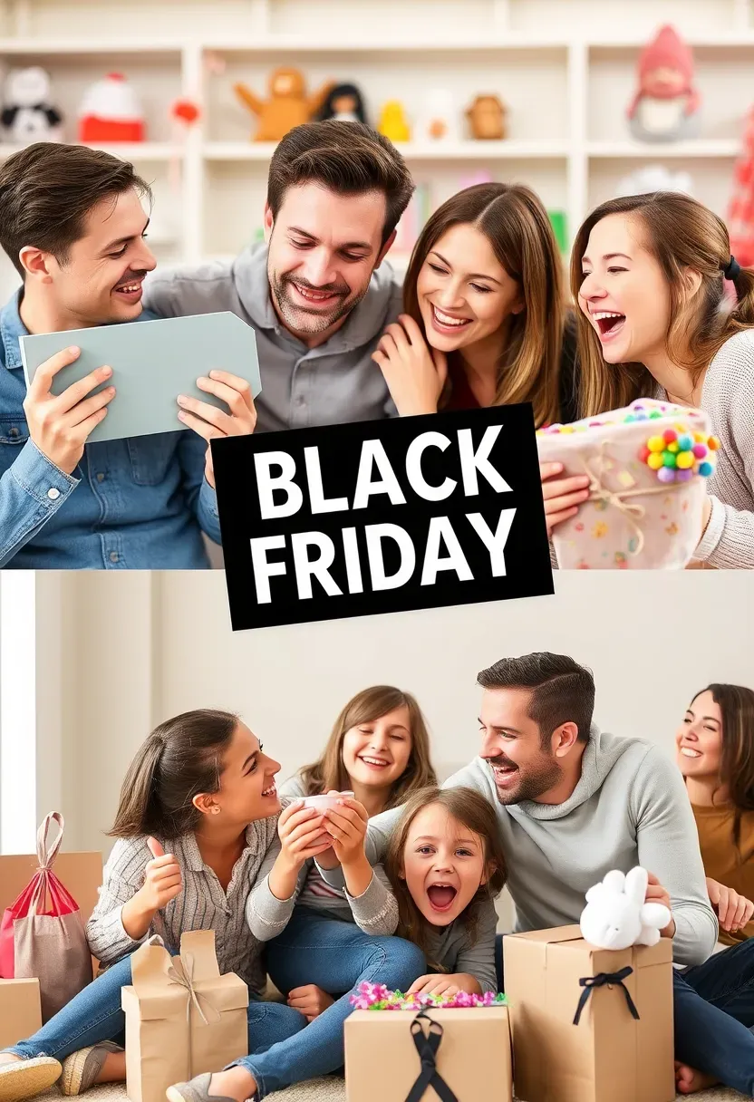 A family laughing together, surrounded by their new Black Friday purchases, showing joy and satisfaction