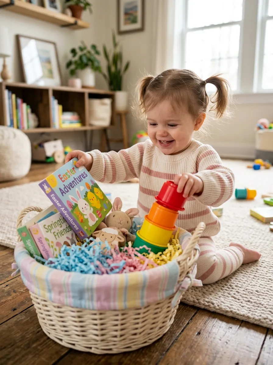 Toddler pulling toys from a non-candy Easter basket