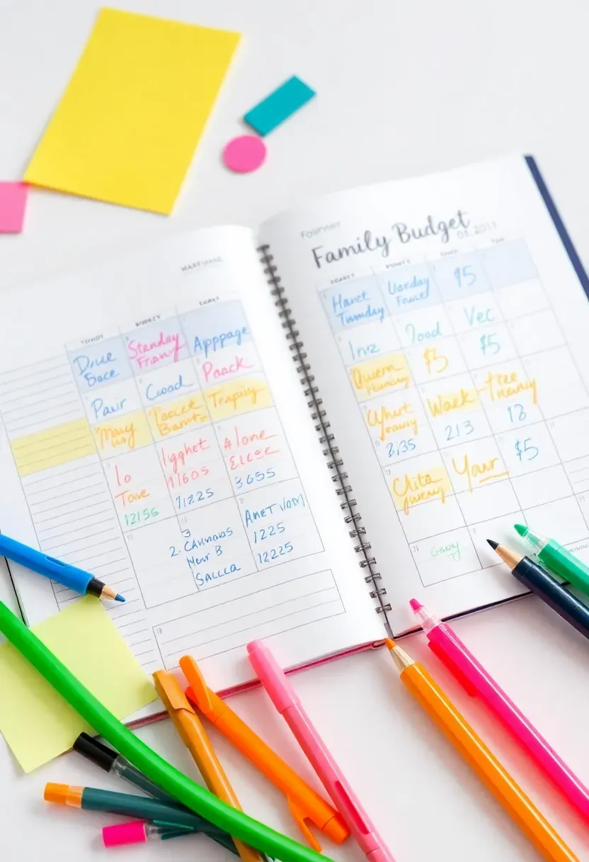 printable family budget template with colorful pens, family budget planner printable, money management tips for mothers