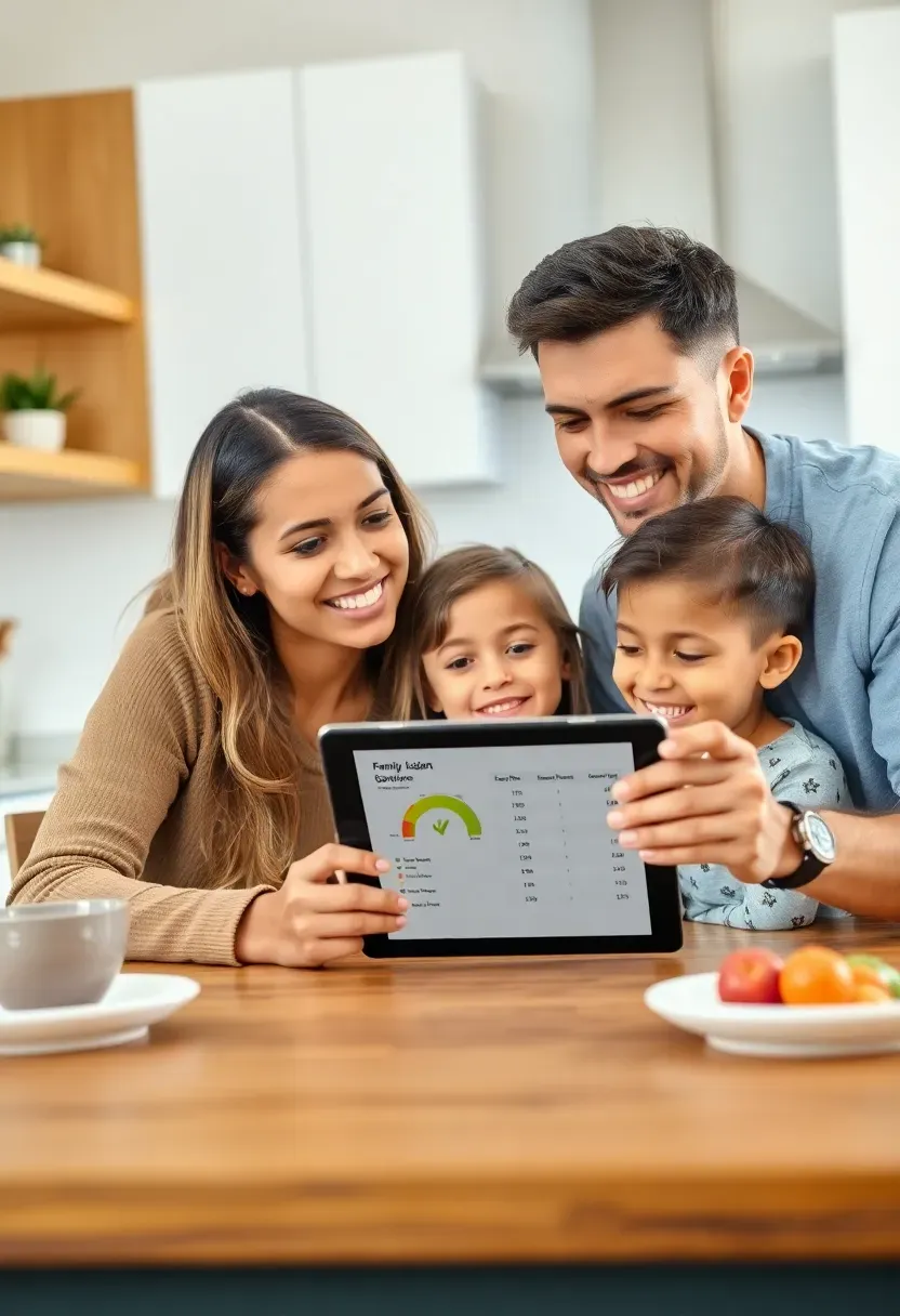 diverse family reviewing budget on tablet together, family budget planner for busy moms, budgeting tips for working mothers