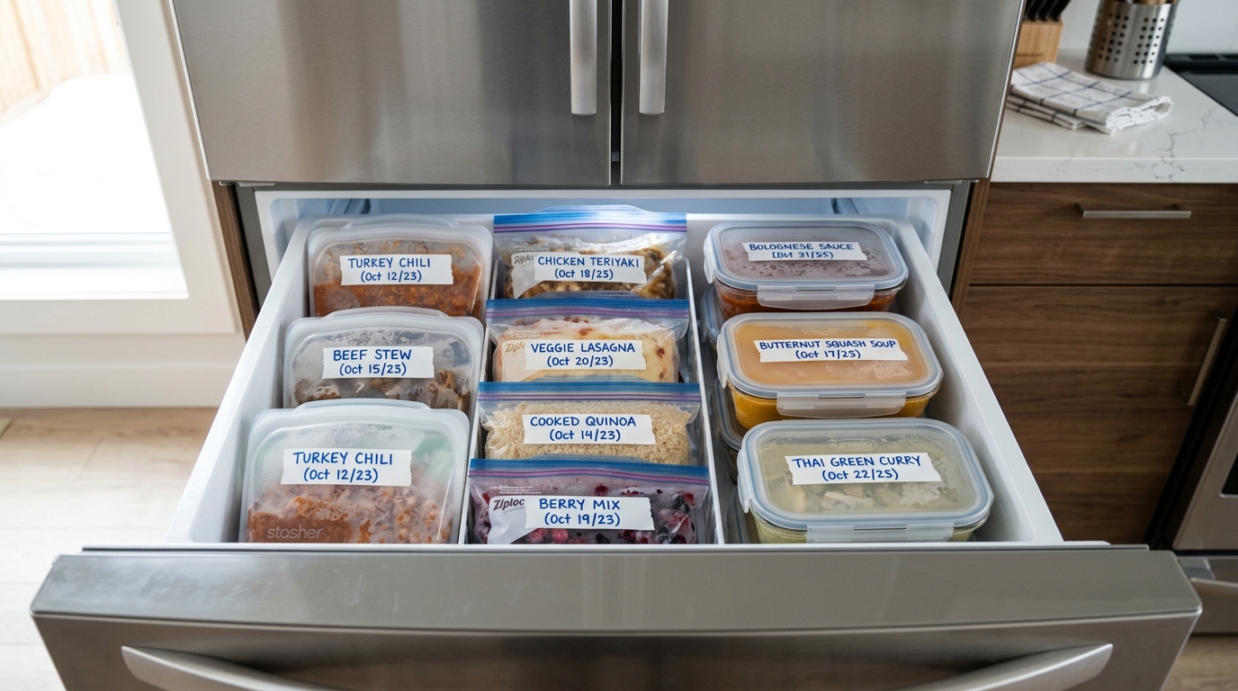A neatly organized freezer drawer filled with labeled freezer bags and glass containers of various meals | Organized freezer with labeled meals