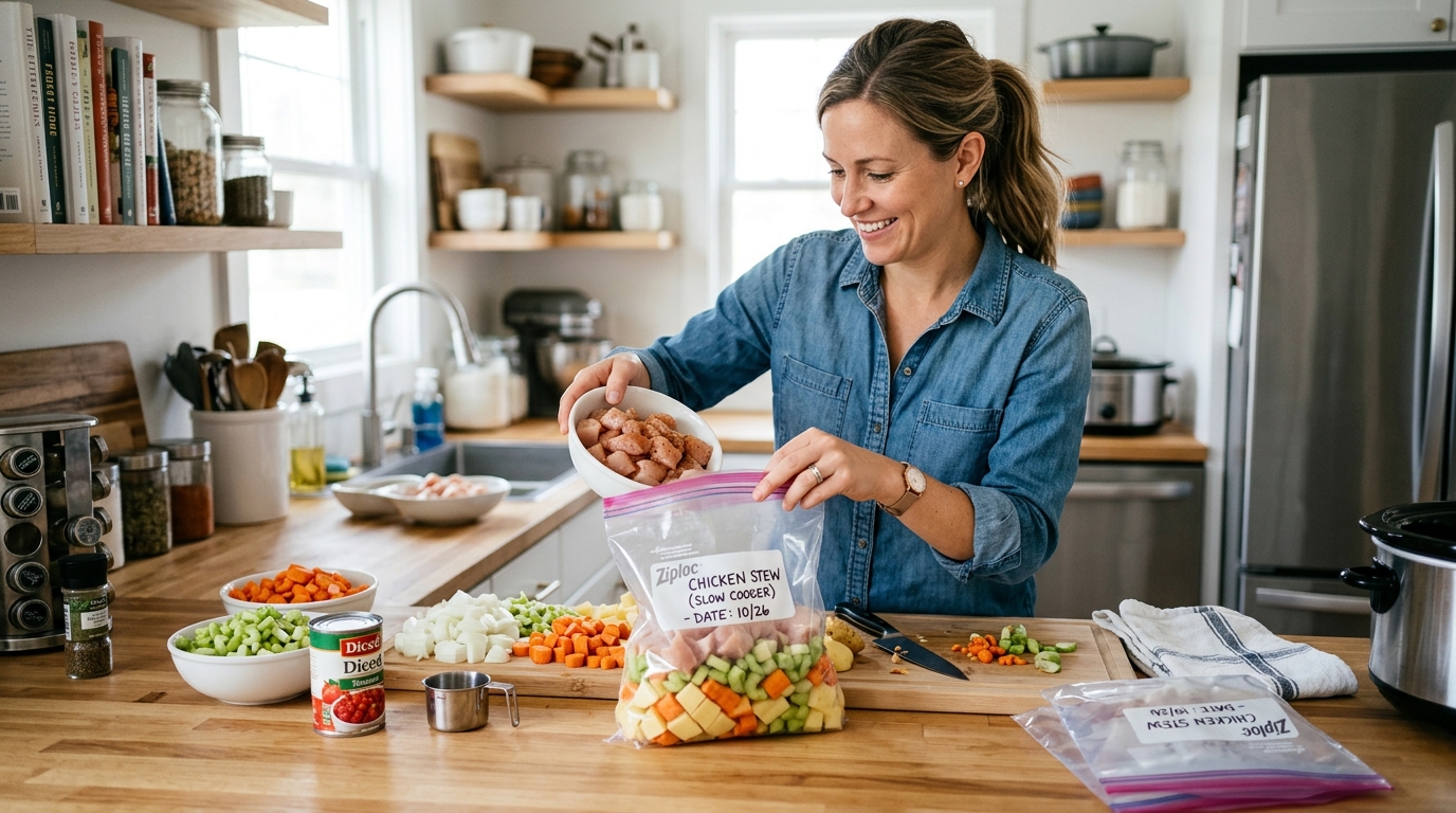 A busy mom quickly assembling ingredients into a freezer bag for a dump-and-go meal | Mom preparing freezer meals in bags