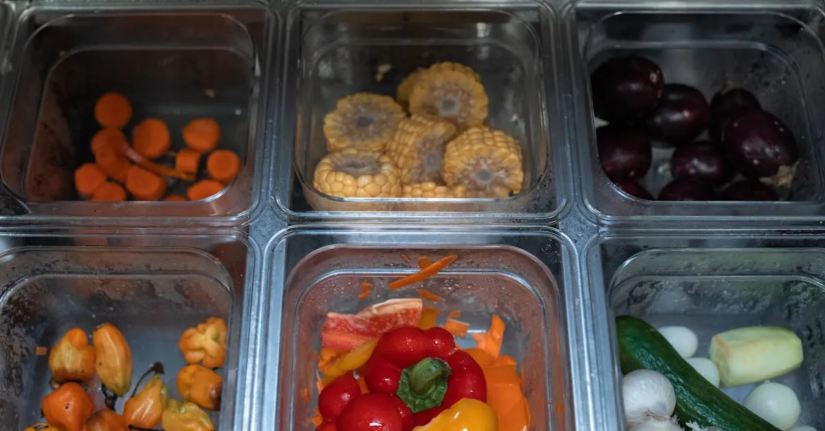 Organized freezer with labeled bags and containers of easy freezer meals for busy moms