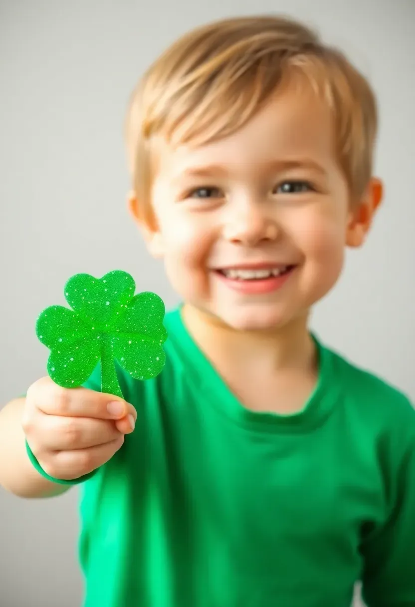 Toddler showing off a green glitter shamrock craft for St. Patrick's Day