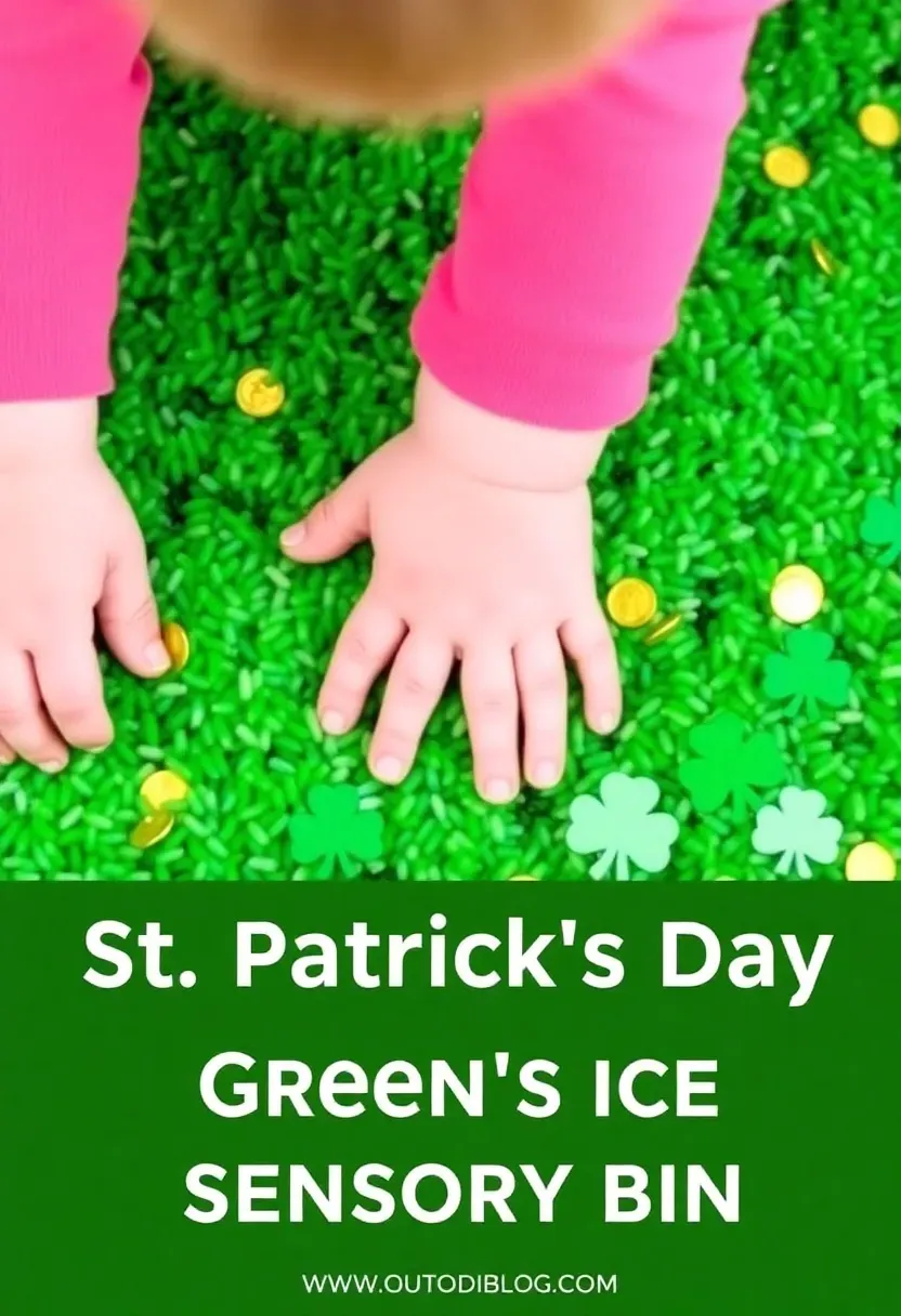 St. Patrick's Day green rice sensory bin for toddlers