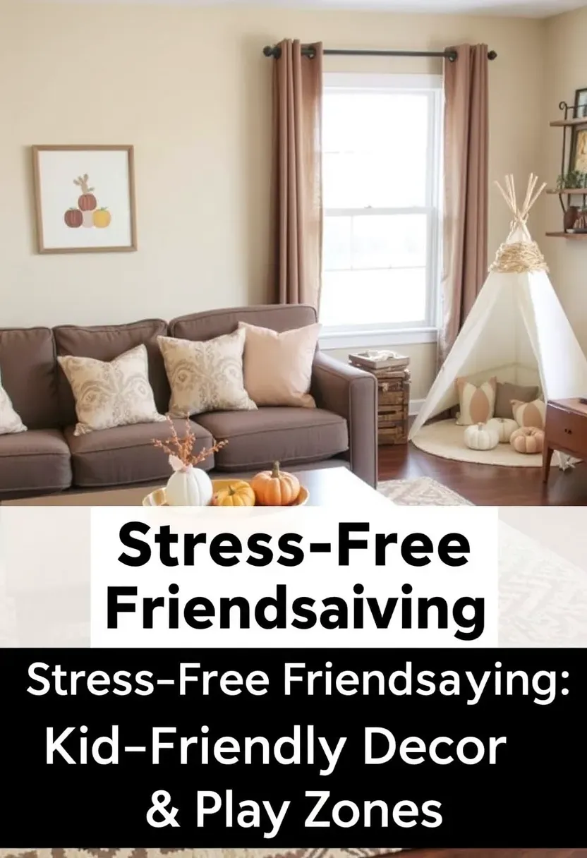 Kid-friendly Friendsgiving living room setup with play area and fall decor