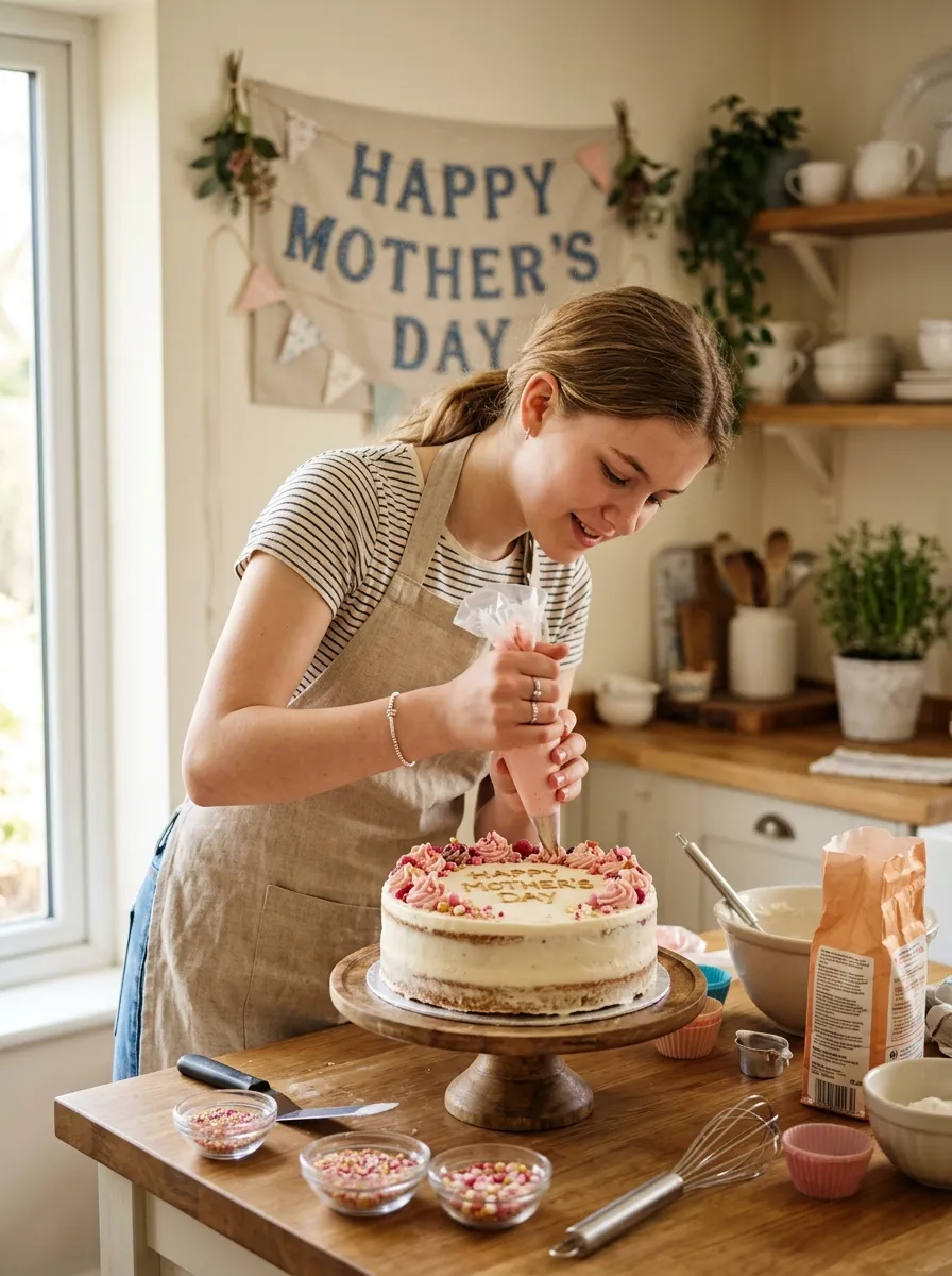 Teenager decorating a Mother's Day cake