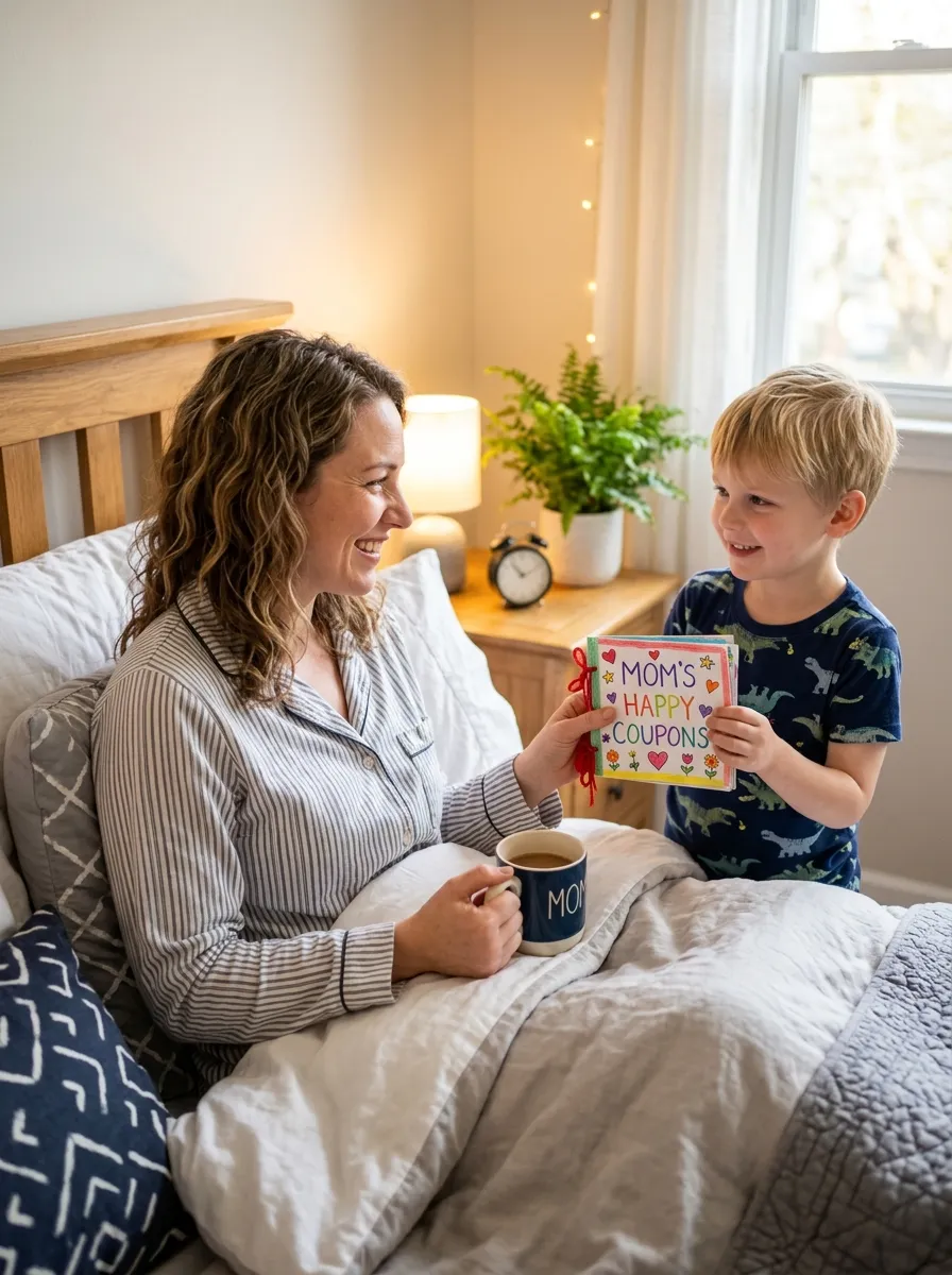 Child giving a DIY coupon book to Mom in bed
