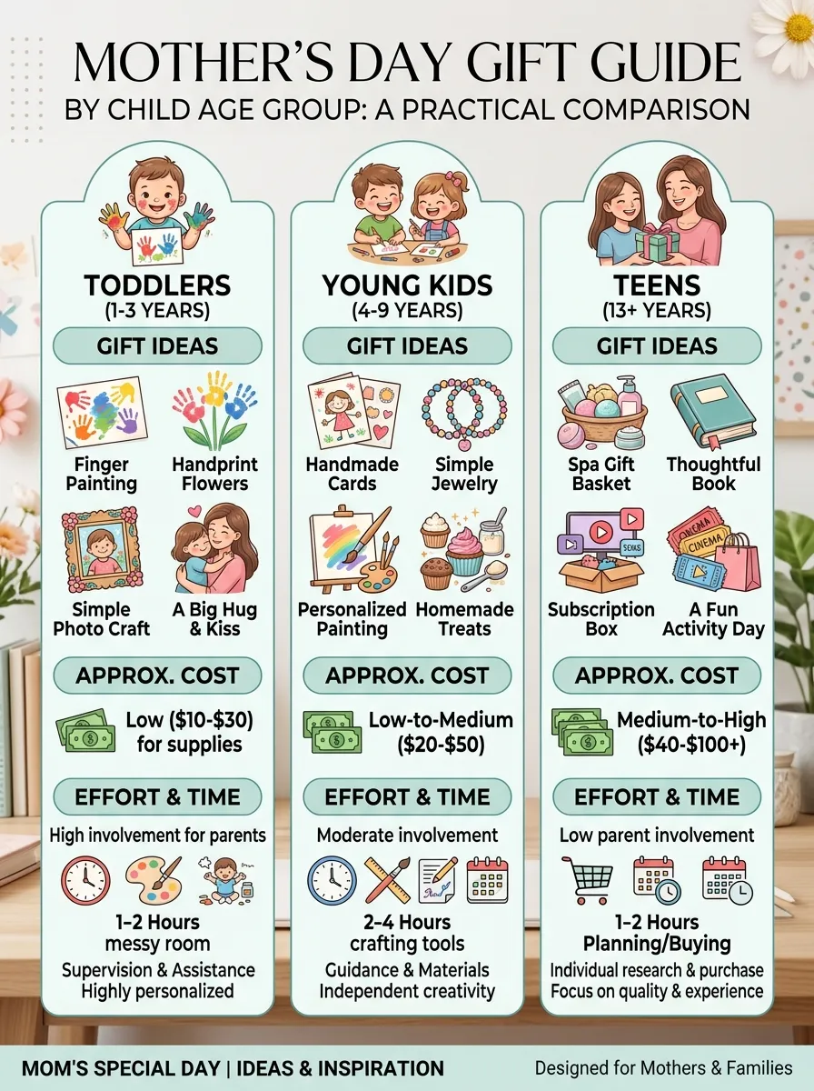 Comparison chart for Mother's Day gifts by age and effort