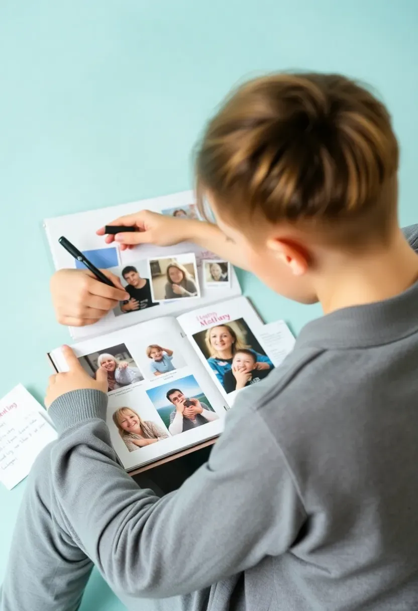 Teenager decorating a Mother's Day scrapbook with photos and heartfelt notes.
