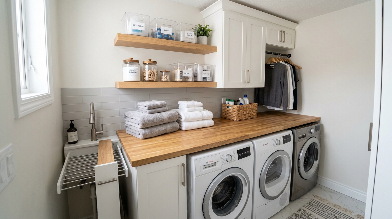 A brightly lit, small laundry room showcasing smart vertical storage with floating shelves, wall-mounted cabinets, and clear, labeled bins. There's a neatly folded stack of towels on a small countertop above front-loading machines. | Organized small laundry room with clever storage solutions
