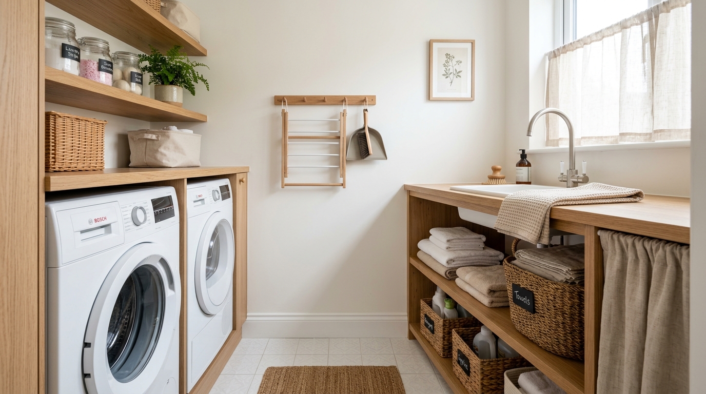 A clean and tidy small laundry room with a minimalist design, featuring light colors and natural wood accents. All items are neatly stored in baskets or on shelves. | Minimalist organized small laundry room with aesthetic touches