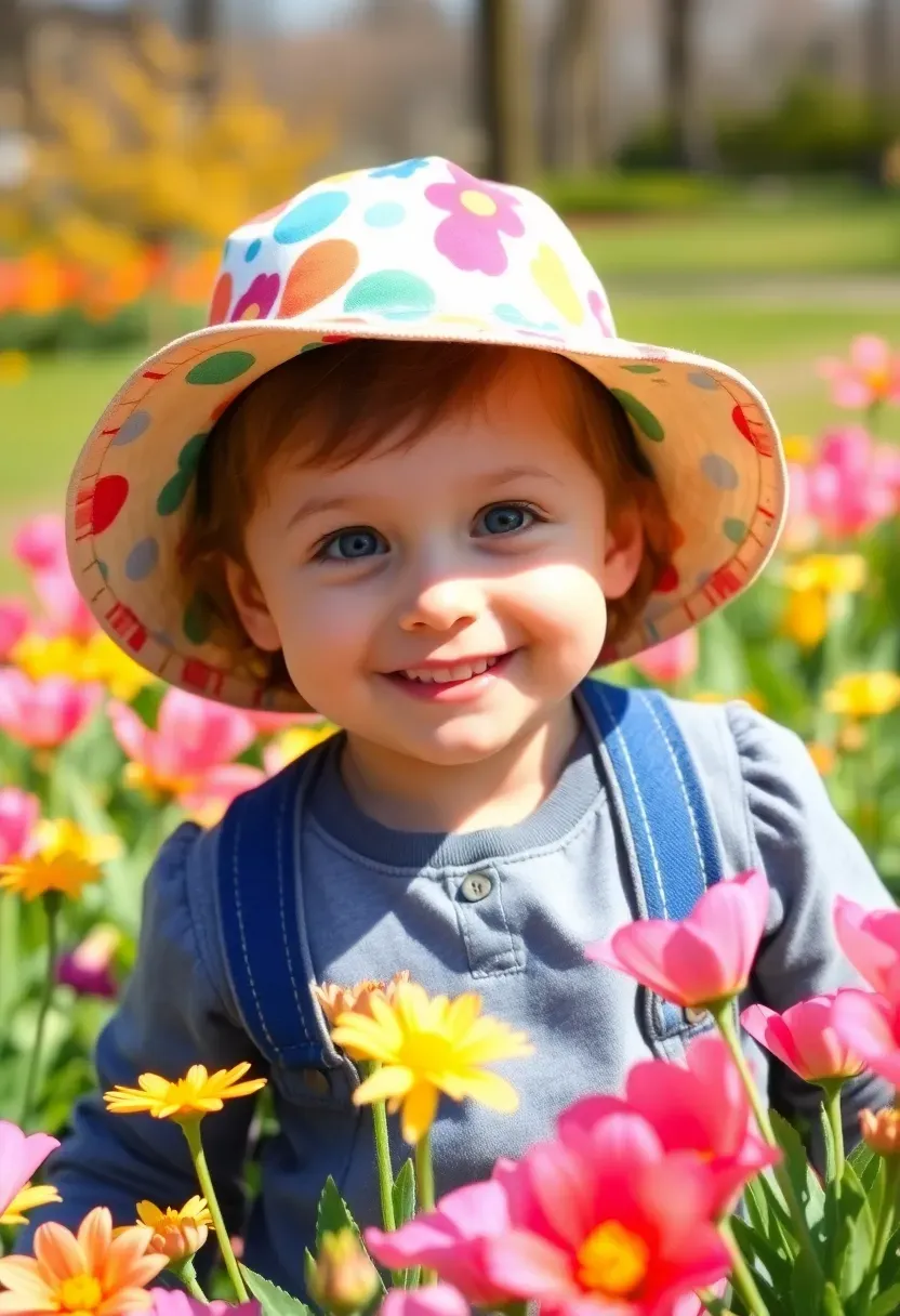 Toddler exploring spring flowers in park