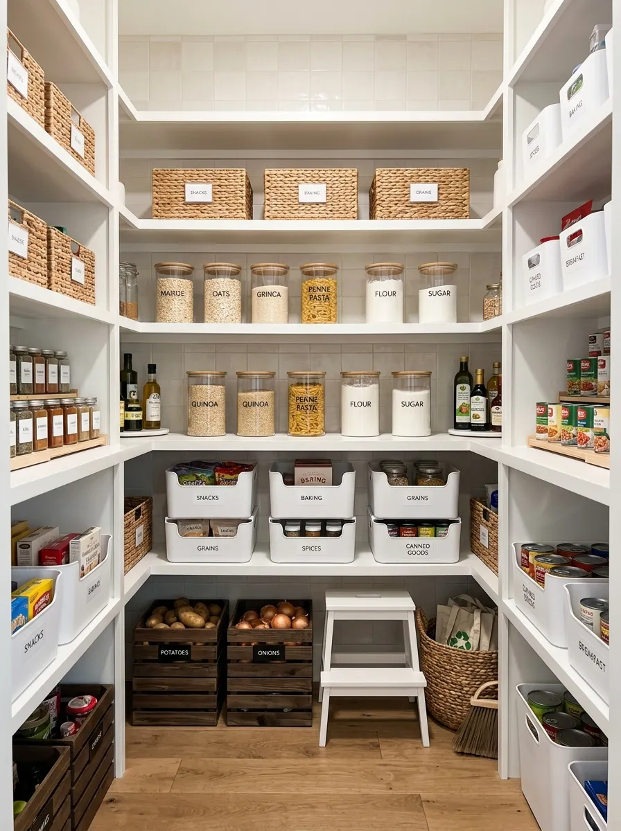 organized kitchen pantry with labeled bins