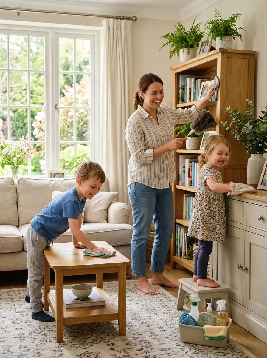 Family spring cleaning with kids, mom and children cleaning together