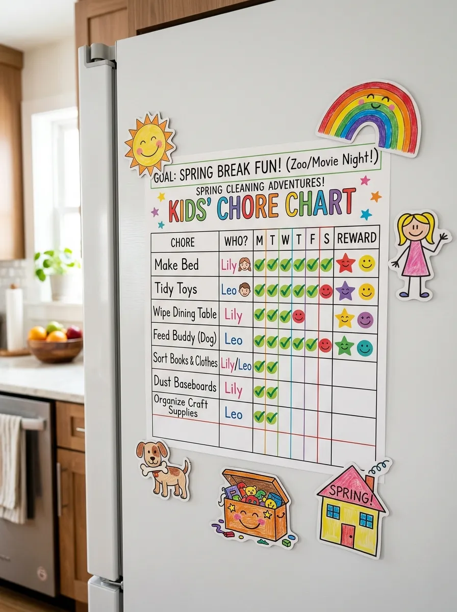 Chore chart for kids motivation, reward system for spring cleaning
