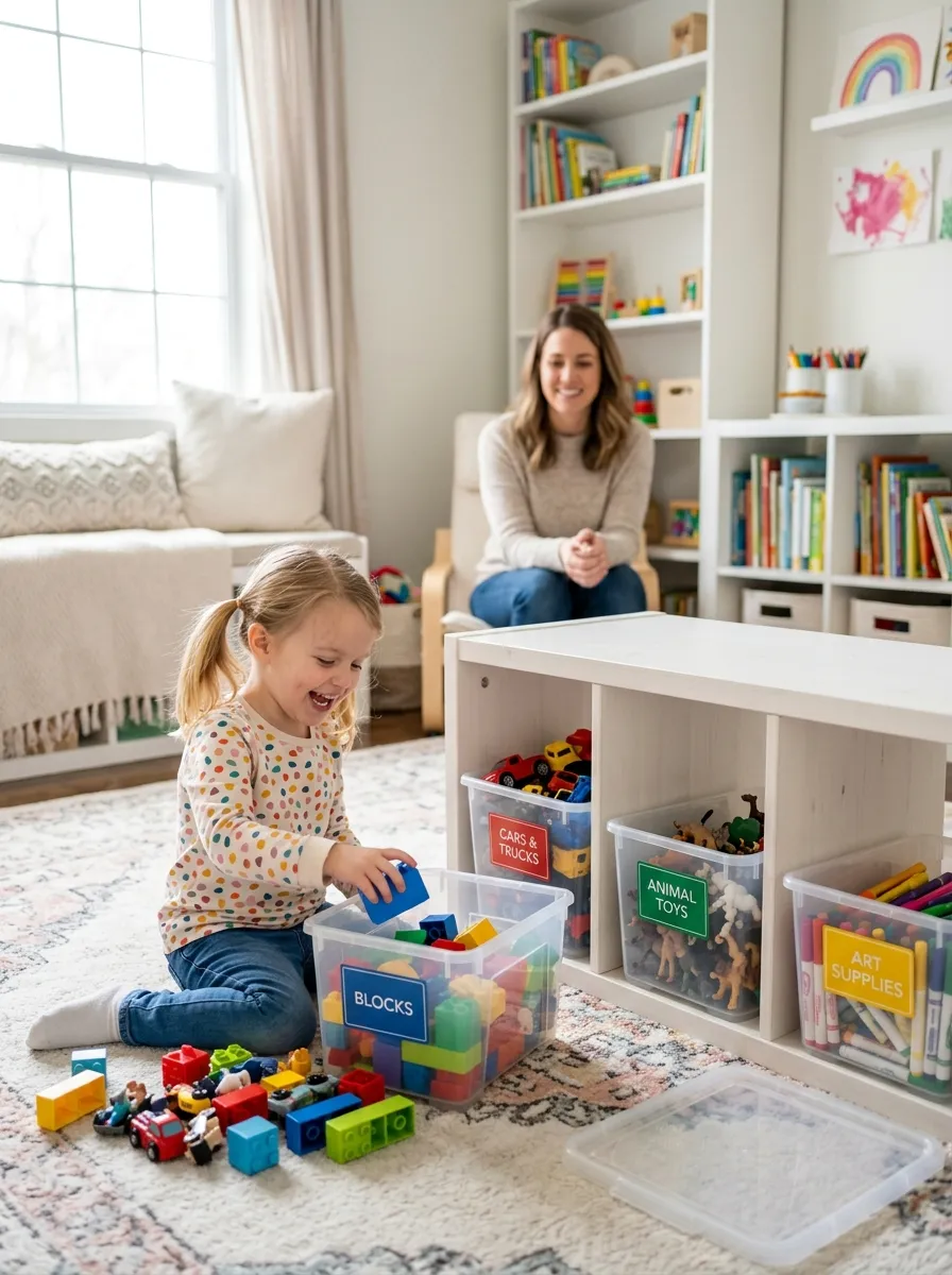 Decluttering toys with kids, kids organizing playroom