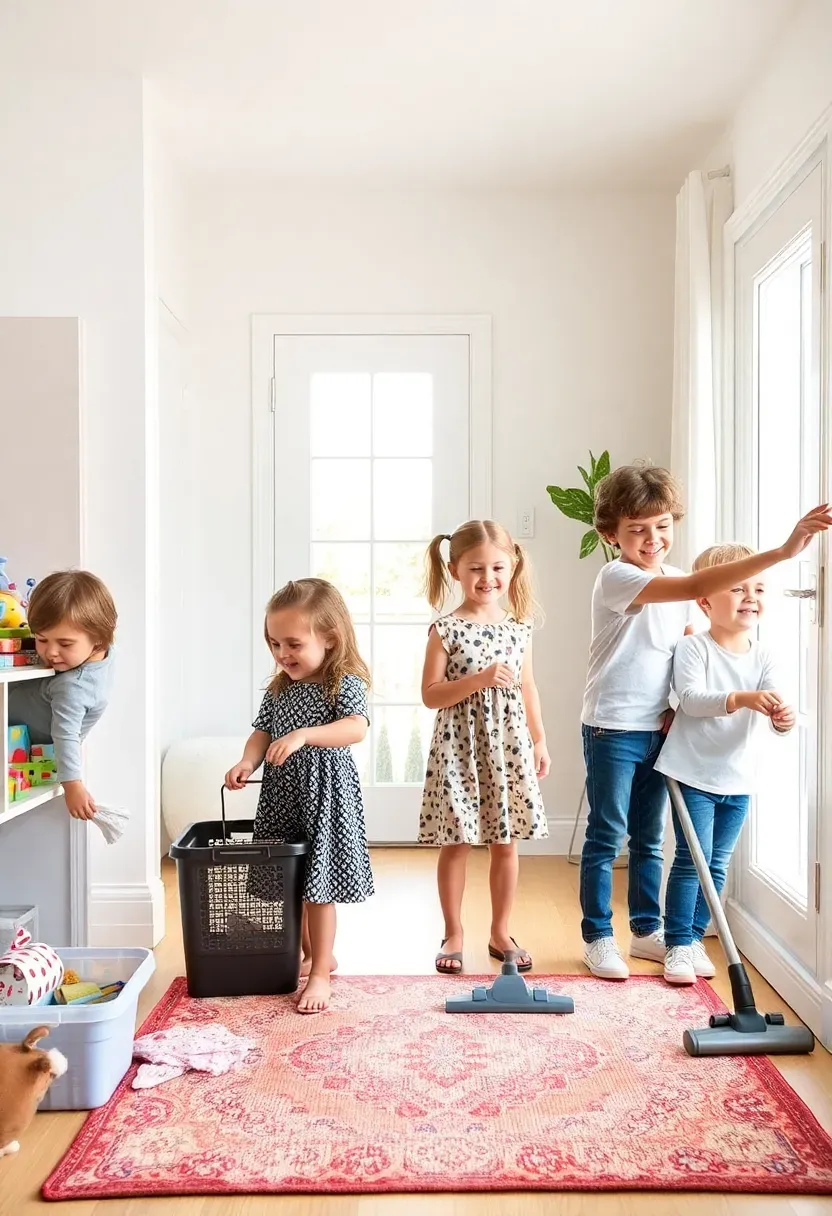 Kids happily doing age-appropriate spring cleaning chores
