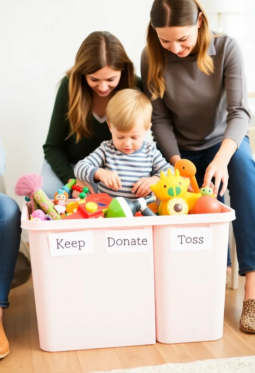 Child learning to declutter toys with keep, donate, toss bins