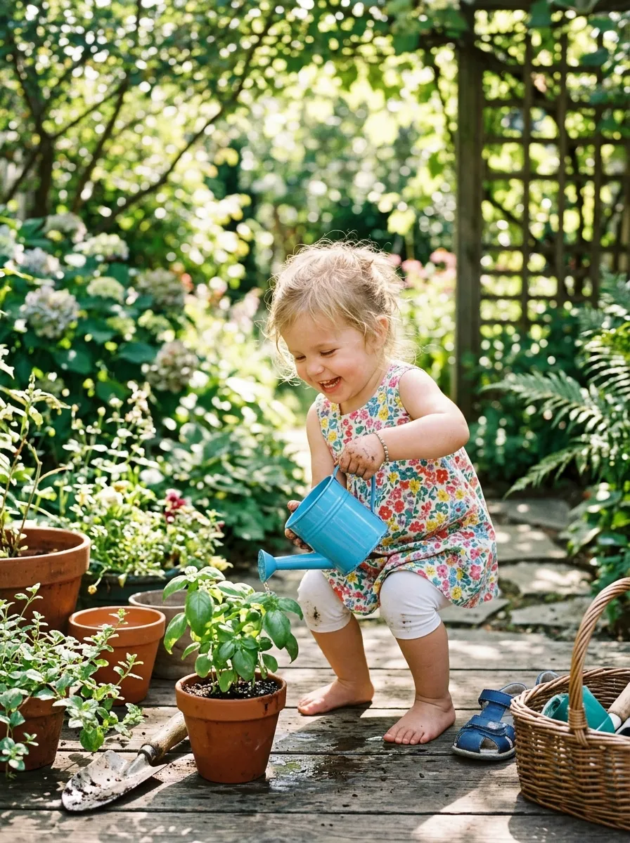 Toddler watering plants with small watering can
