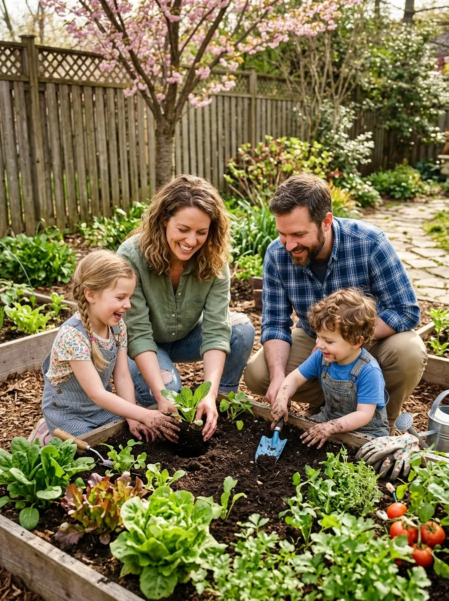 Family gardening together in spring