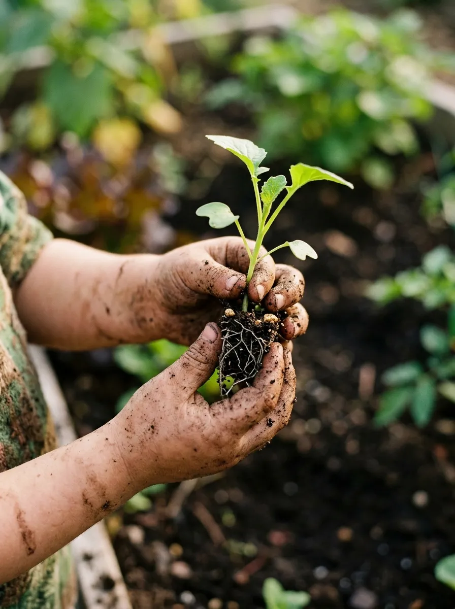 Close-up of child's hands holding a sprouting seed