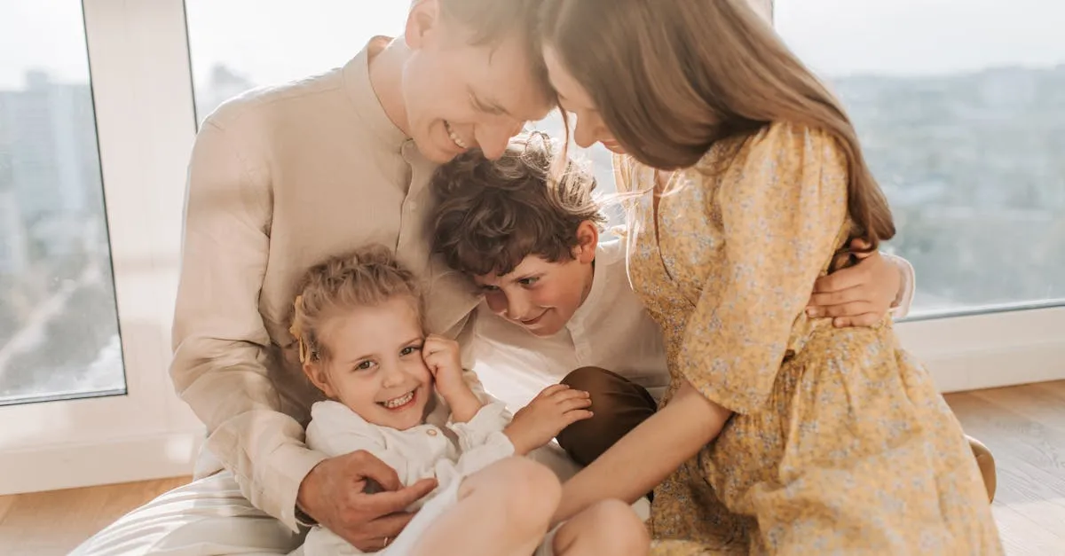 A family, including two young children, happily tending to a vegetable garden on a sunny spring day, hands in the dirt