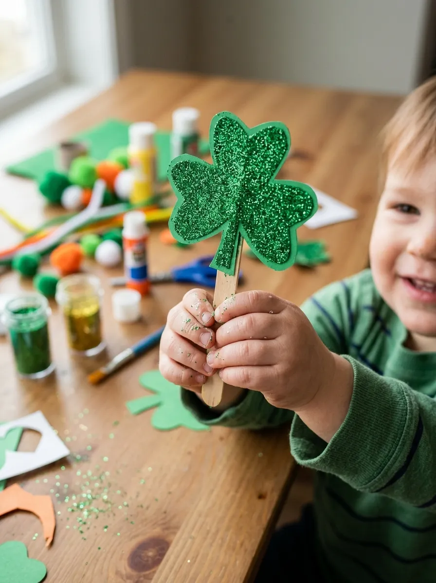 Toddler proudly showing a green glitter shamrock craft for St. Patrick's Day