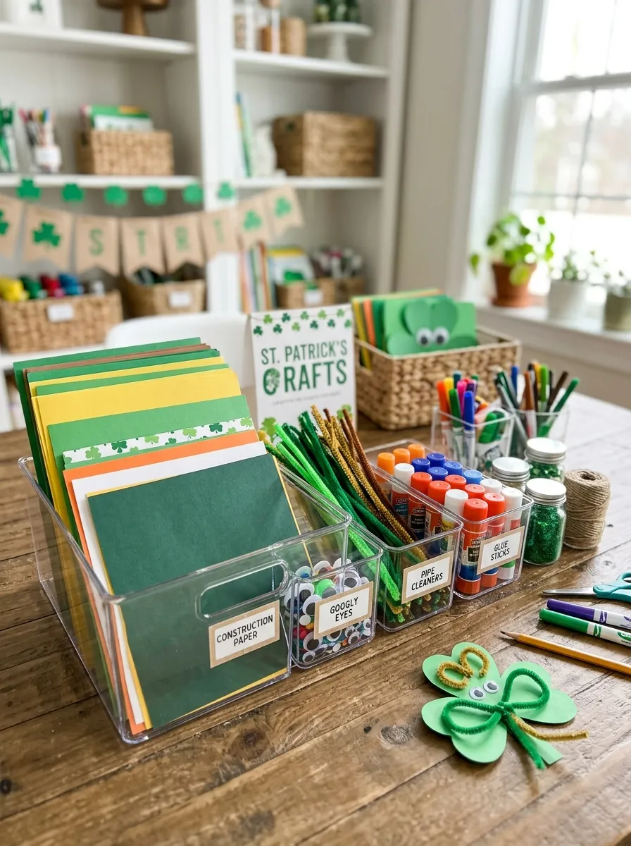 Organized craft supplies for St. Patrick's Day on a table.