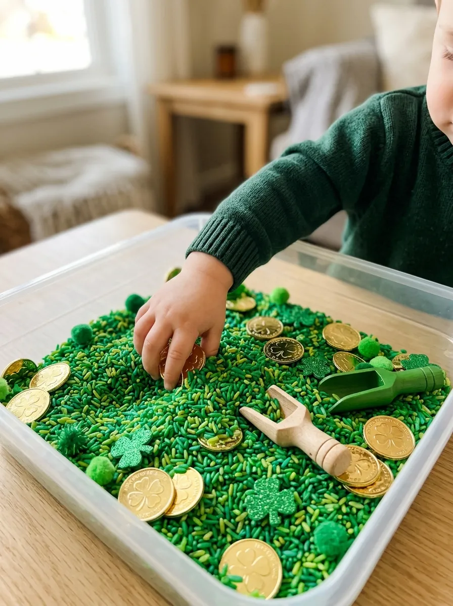 St. Patrick's Day green rice sensory bin for toddlers.