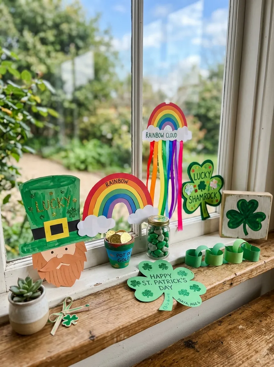Collection of colorful St. Patrick's Day crafts made by children, displayed proudly.