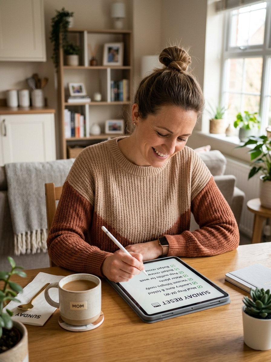 A mom happily checking off tasks on a neatly organized paper checklist, surrounded by a slightly tidied but still lived-in home environment, with natural light filtering in. | Mom checking off Sunday reset tasks on a checklist