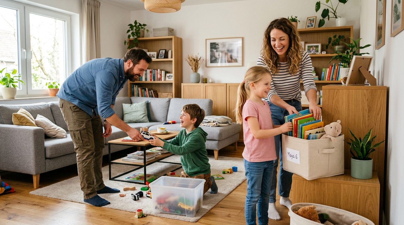 A family (mom, dad, two kids) working together to tidy a living room, smiling and making it a team effort. | Family tidying living room together