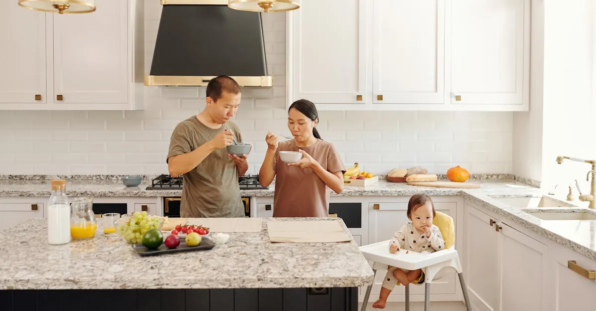 Busy mom smiling in an organized kitchen with meal prep containers and a planner