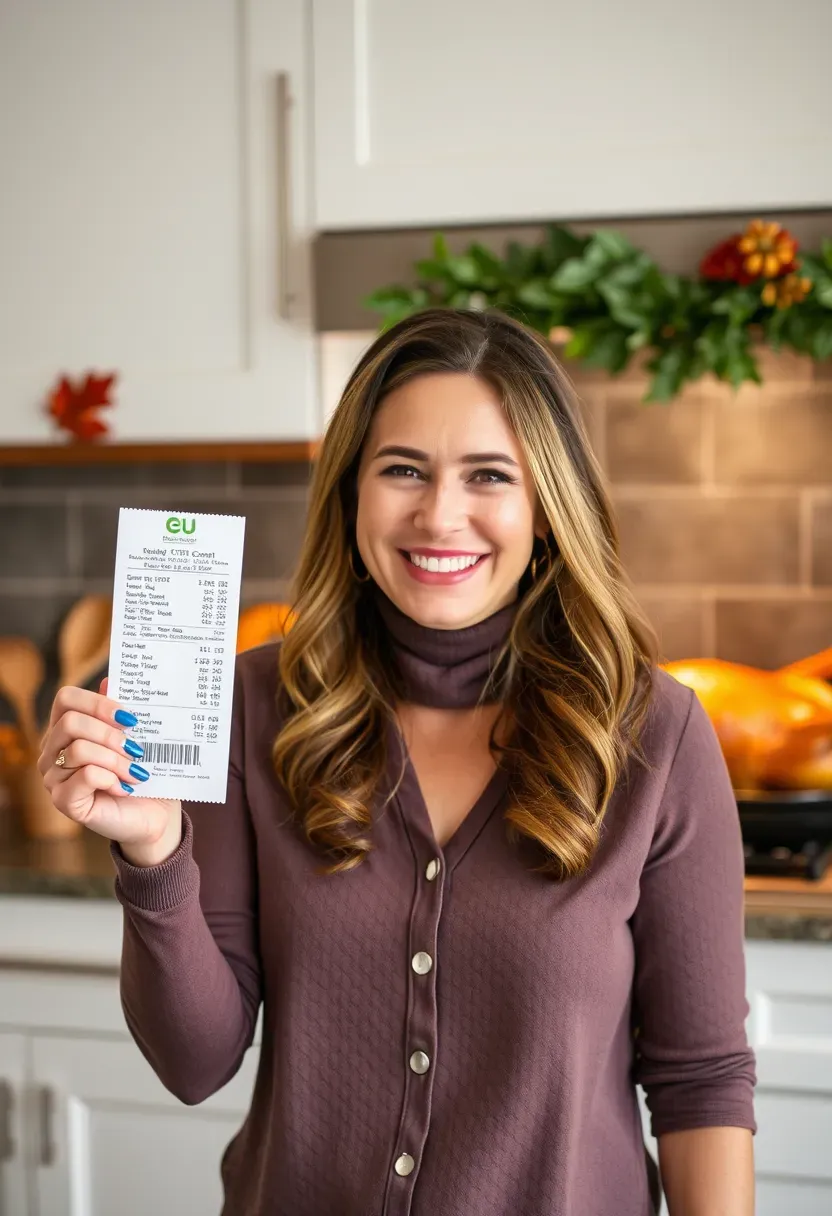 Mom smiling after saving money on Thanksgiving groceries with a turkey roasting