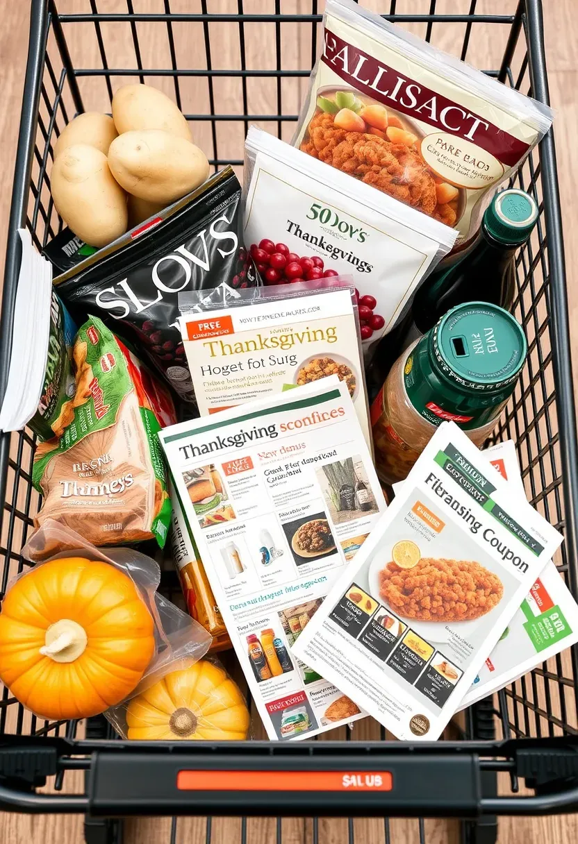 Shopping cart filled with affordable Thanksgiving groceries and sales flyers