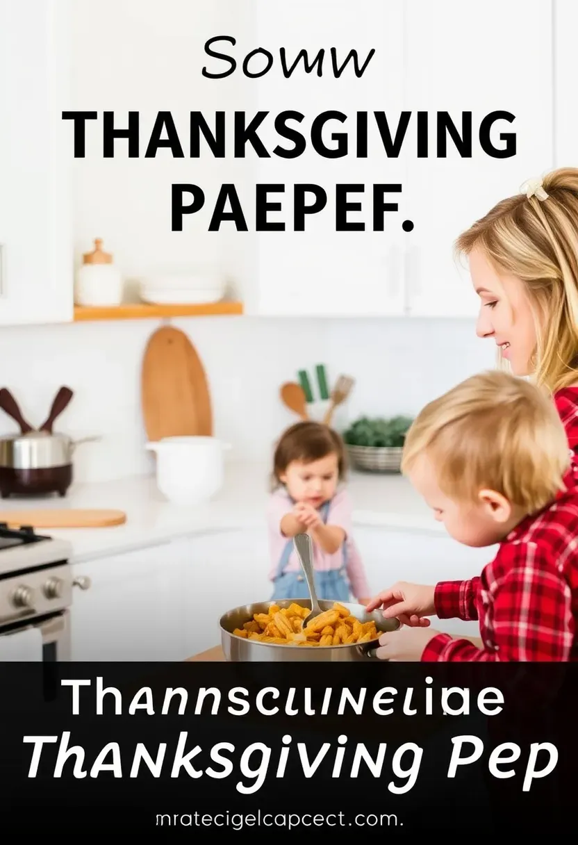 A busy mom calmly meal prepping Thanksgiving dinner with her child nearby, organized kitchen