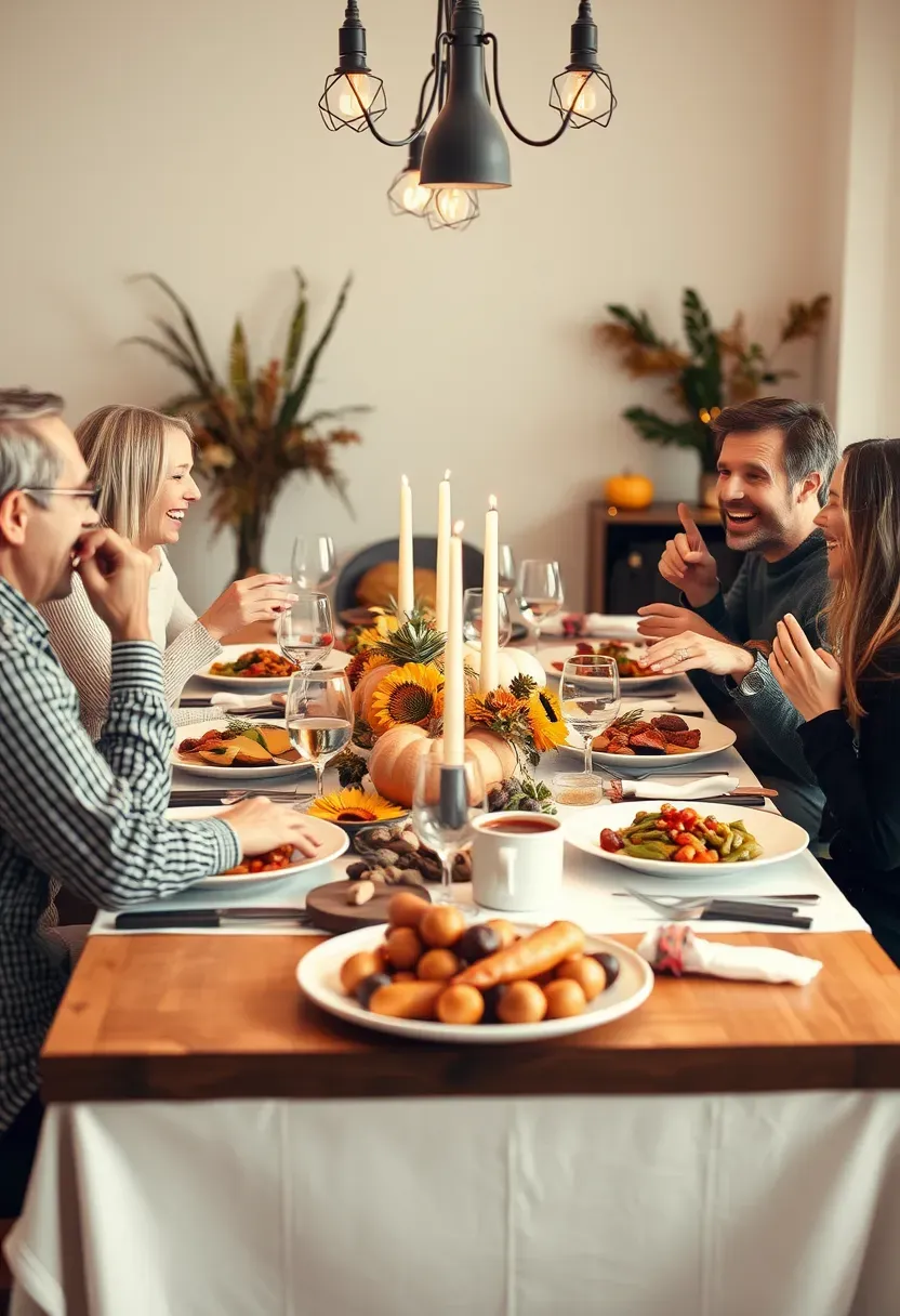 A heartwarming Thanksgiving dinner scene, family gathered around a table filled with delicious food, capturing joy and connection