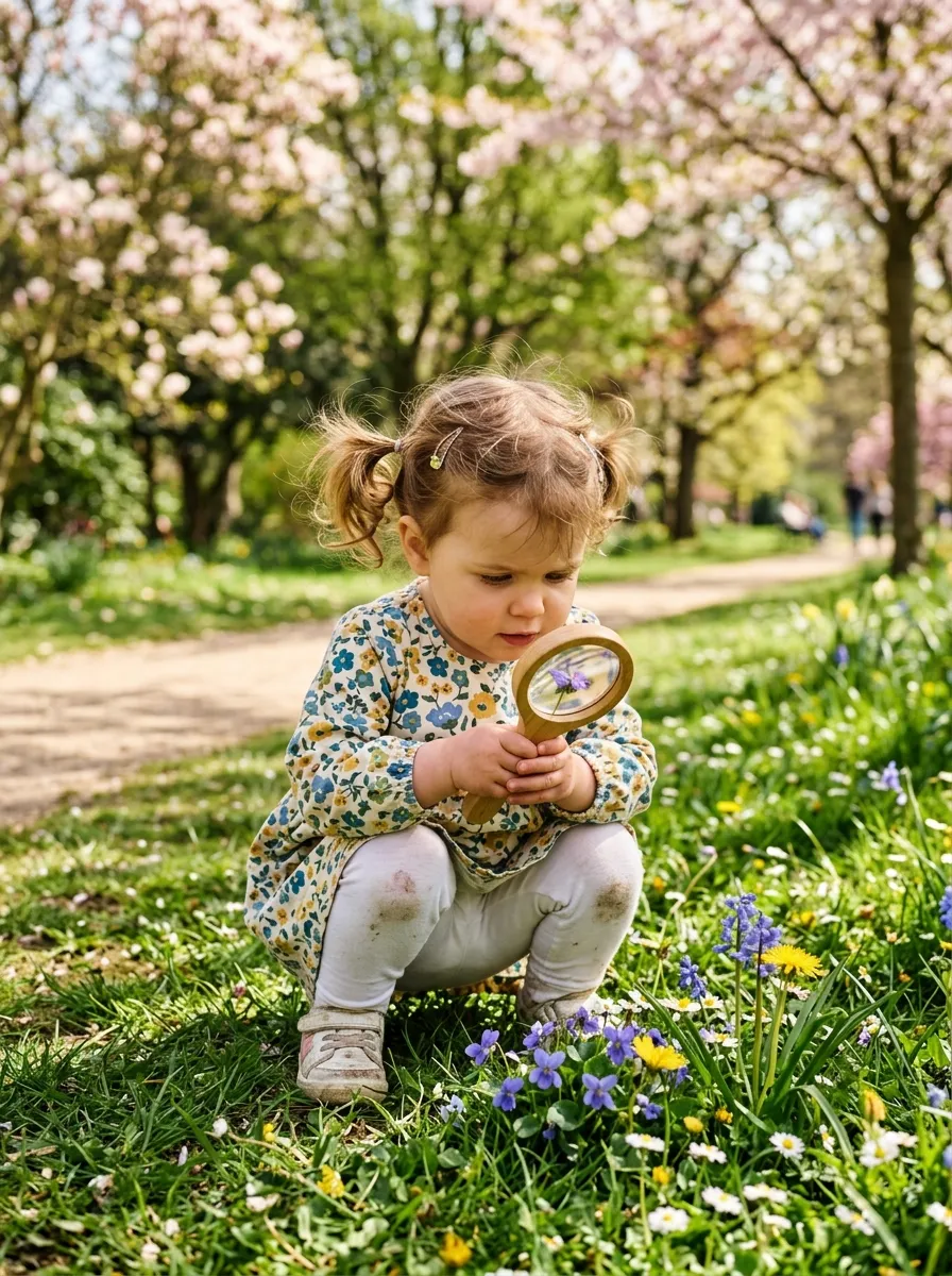 A curious toddler exploring spring flowers in a park