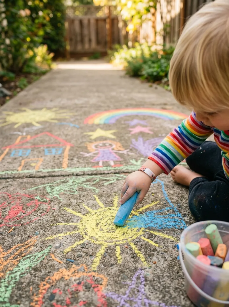 Toddler drawing with sidewalk chalk